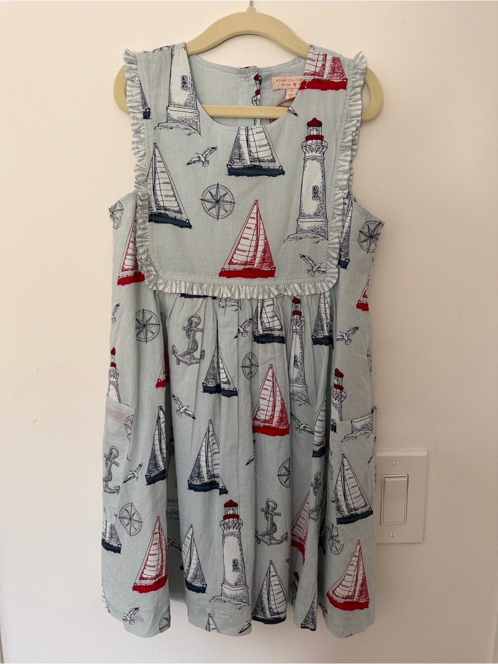 Pink Chicken Nautical Print Dress - Light Blue with Red & Navy